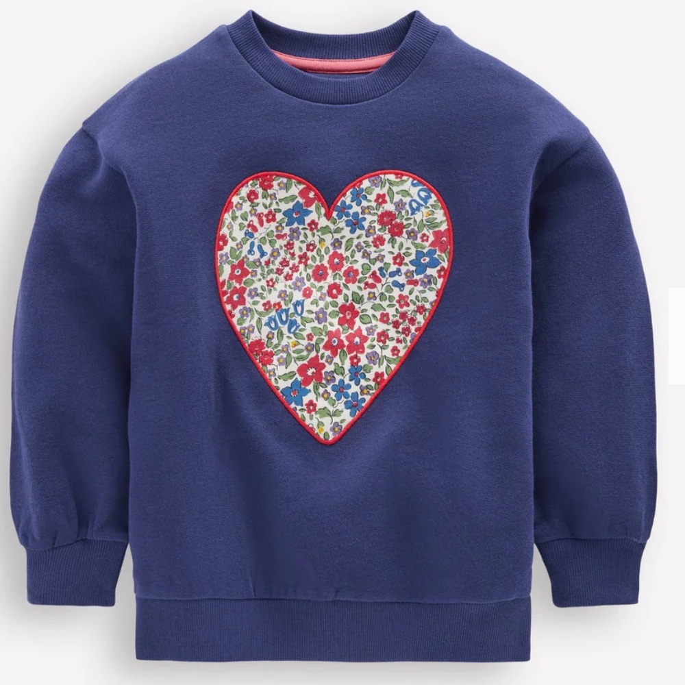 NWT Mini Boden Bobbie Appliqué Sweatshirt Starboard Blue Hearts size 2-3yrs nEW